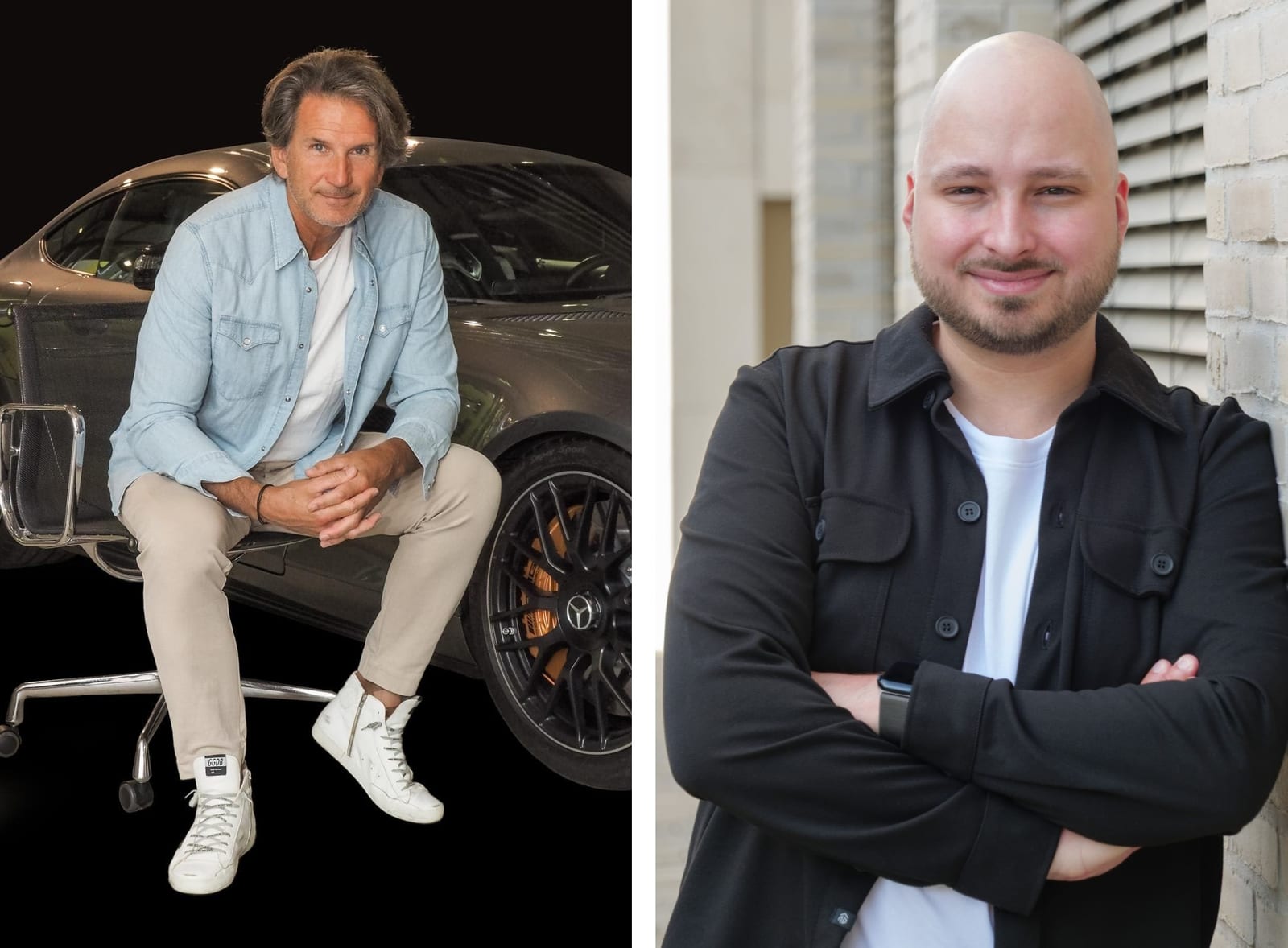 Links sitzt Markus Kalweit vor einem Mercedes-Benz Sportwagen, rechts lehnt Frank Schlattmann lächelnd an einer Wand